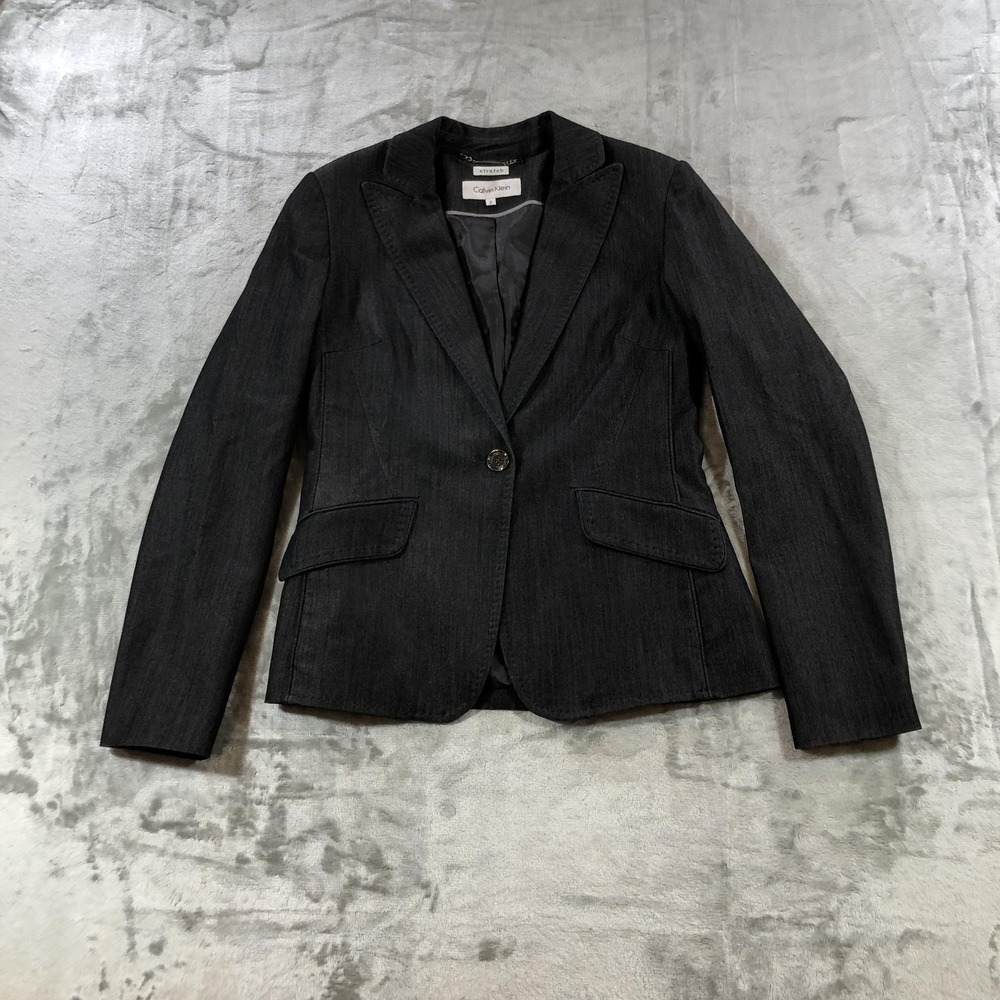 Calvin Klein Blazer Womens 2 Charcoal Stretch One Button Lined Suit Jacket Work